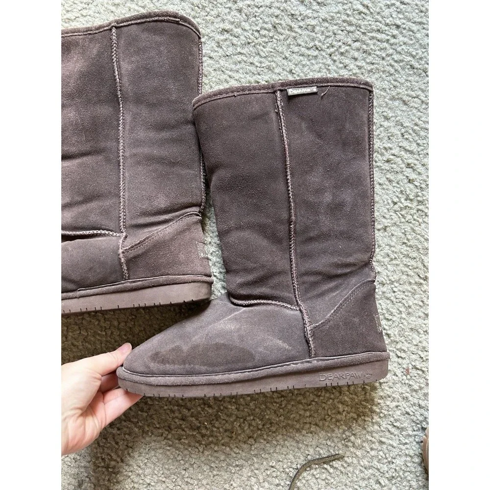 BearPaw Emma Tall Suede Sheepskin Lined Flat Casual Boots Size 9 Dark Brown
